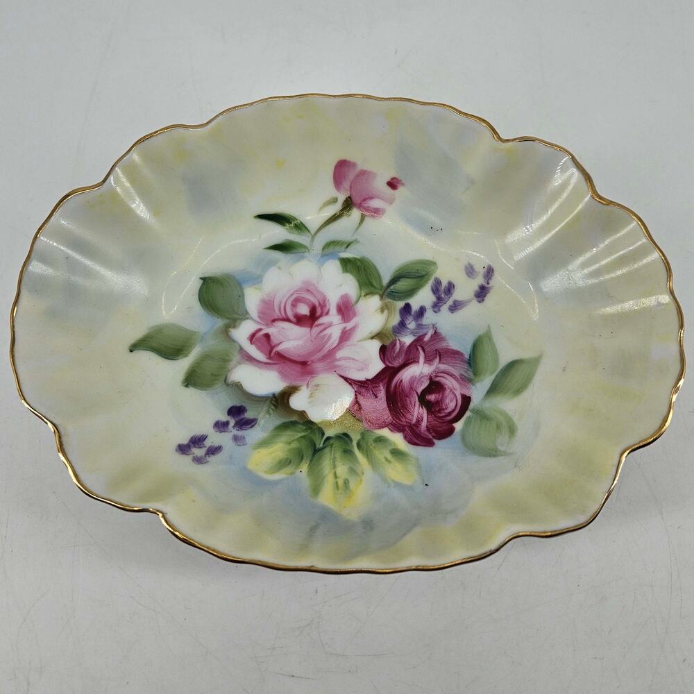 Vintage Ardco Hand Painted roses porcelain soap Nut Candy Trinket Dish